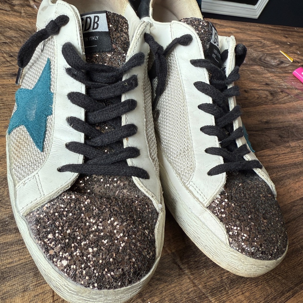 Glitter Golden Goose Sneakers with Teal Star